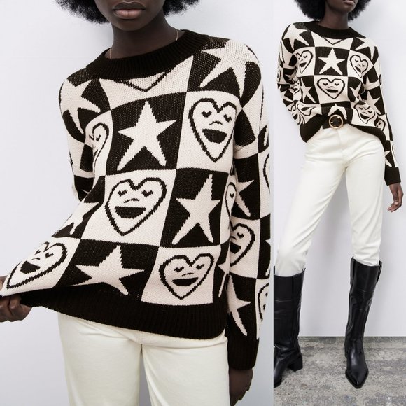 Zara Sweaters - NEW Zara Black Ivory Checkerboard Plaid Smile Heart Star Jacquard Knit Sweater M